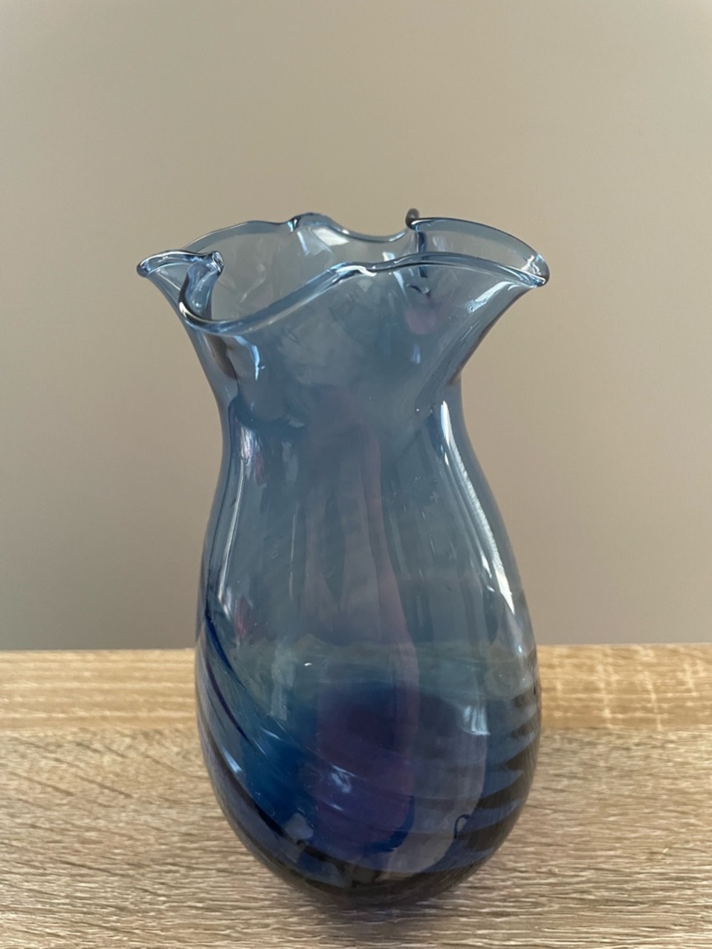Blown Glass Blue Ruffled Art Glass Vase